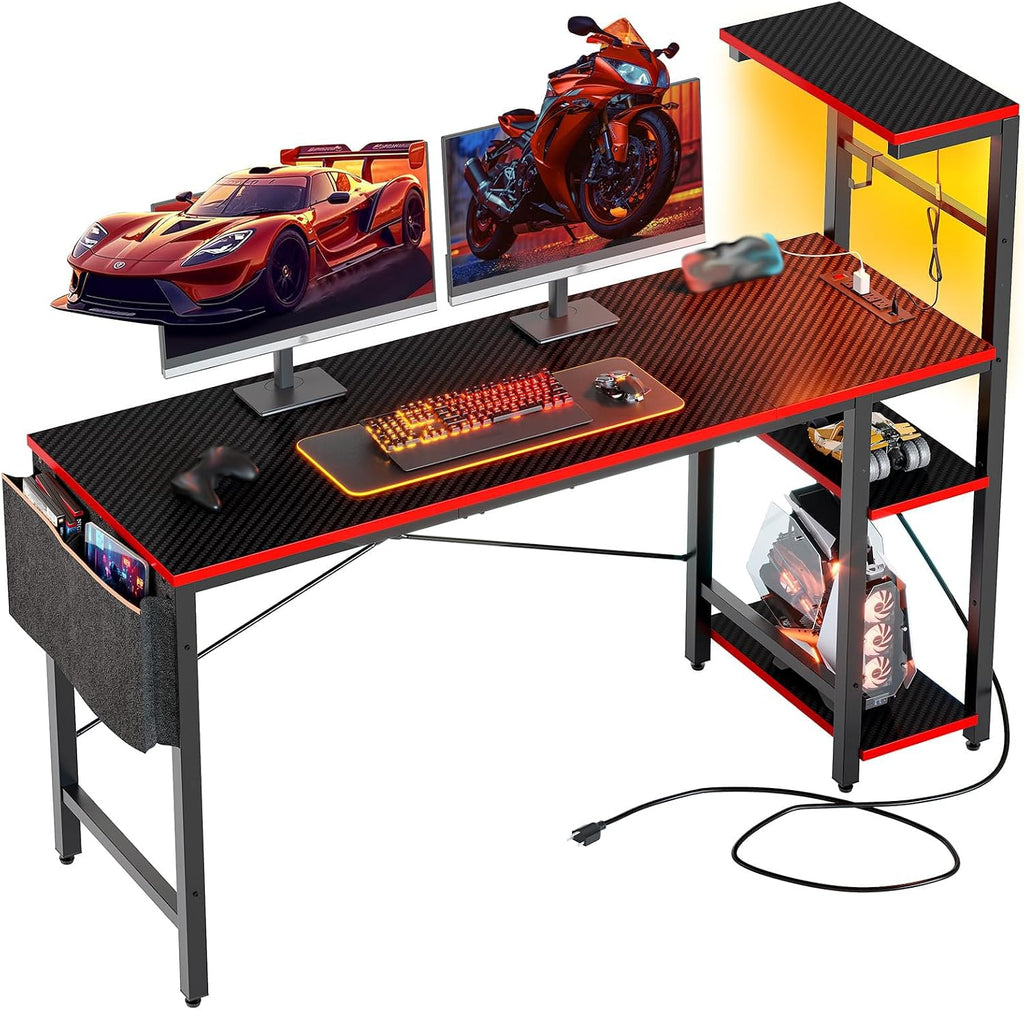 Bestier Gaming Desk with Power Outlets, 61 Inch Large Led Gamer Desk with 4 Tiers Reversible Shelves, PC Gaming Table with Headset Hook & Side Storage Bag for Bedroom (Black 3D Carbon Fiber)