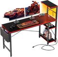 Bestier Gaming Desk with Power Outlets, 61 Inch Large Led Gamer Desk with 4 Tiers Reversible Shelves, PC Gaming Table with Headset Hook & Side Storage Bag for Bedroom (Black 3D Carbon Fiber)