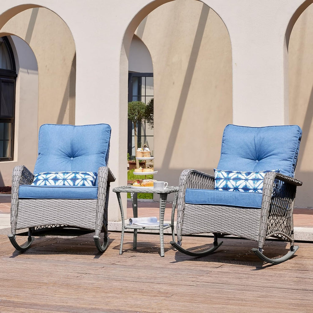 UDPATIO Rocking Chair Outdoor Set 2 with Coffee Table, 3 Piece Wicker Rocking Bistro Set with 4' Water-Resistant Cushions, Oversized, 350lbs Heavy-Duty, for Porch, Patio, Balcony, Grey/Blue