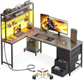 AODK L Shaped Desk Gaming Desk with LED Light & Power Outlet, 59 Inch Reversible L Shaped Computer Table with 4 Drawers for Home Office, Grey