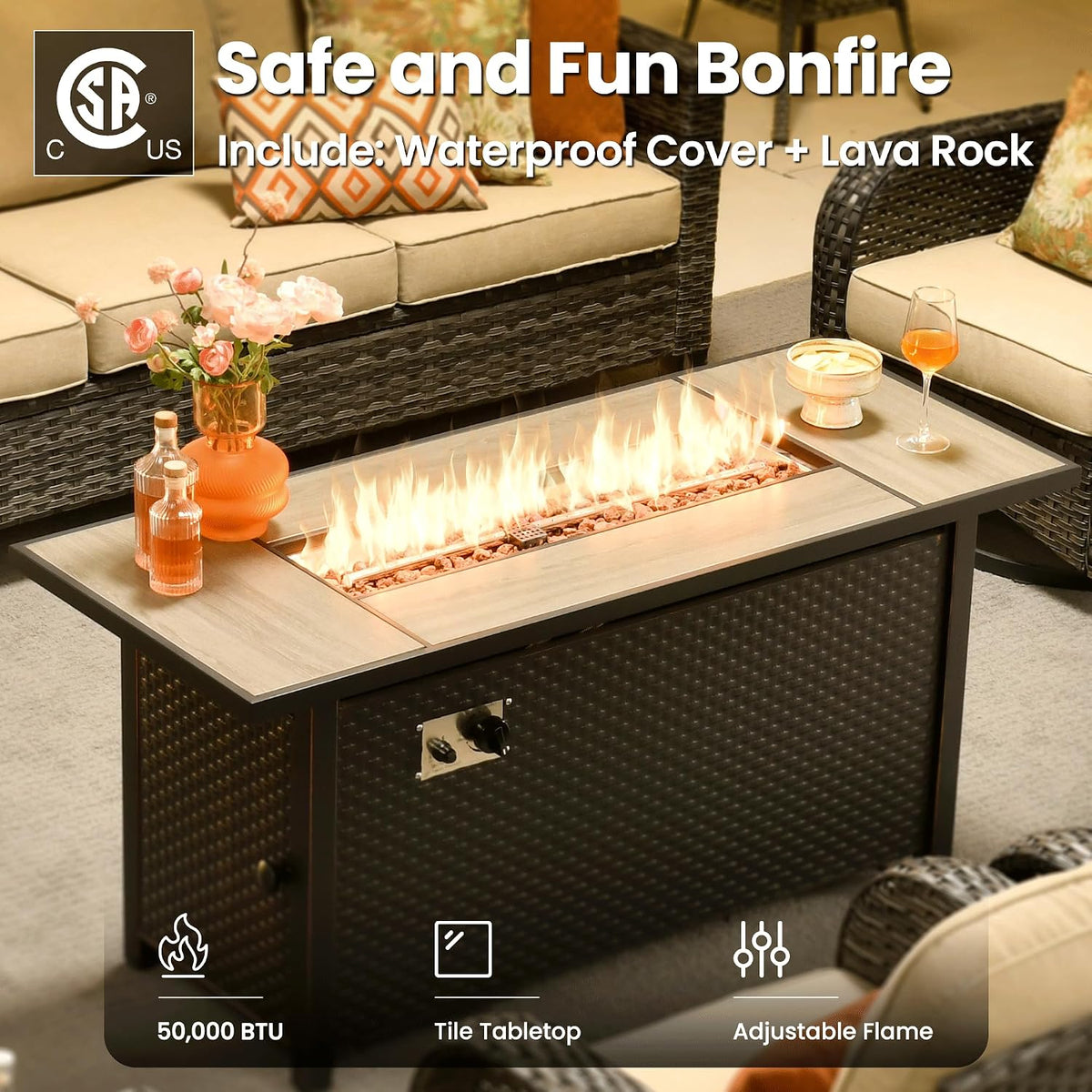 ovios 9 Pieces Patio Furniture Set, Outdoor Wicker Sofa Couch with Rocking Swivel Chairs Fire Pit Table, Modern Deep Seat Rattan Conversation Sets for Deck Porch, Beige