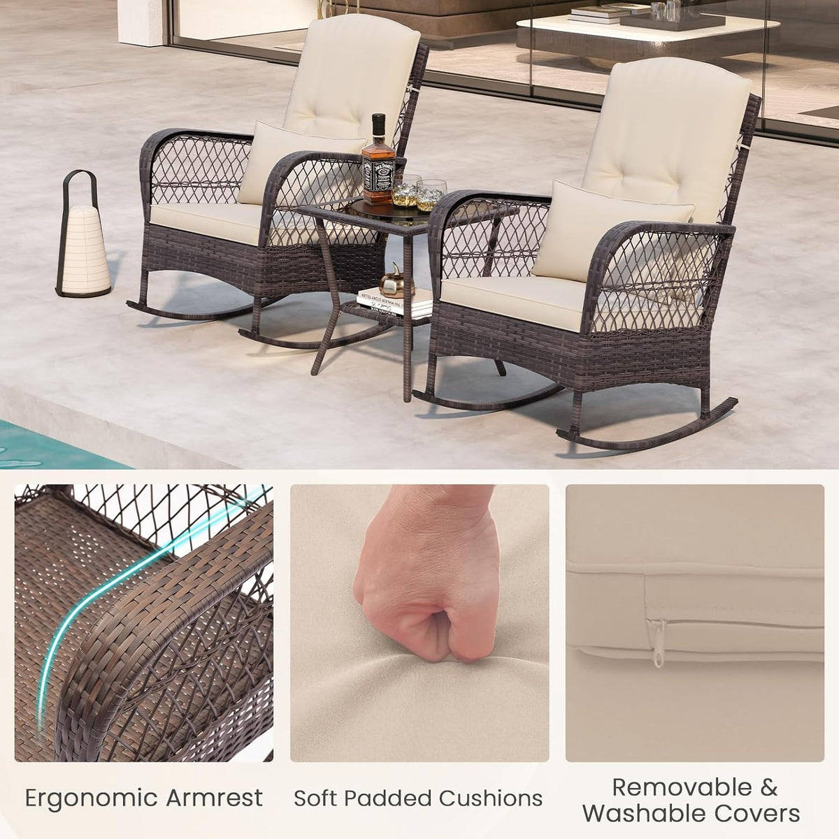 ORALNER 3 Pieces Patio Furniture Wicker Rocker Set, Outdoor Rocking Chairs with Cushions, Pillows, Glass Coffee Table, Rattan Bistro Set for Balcony Front Porch Poolside Garden Deck (Beige)