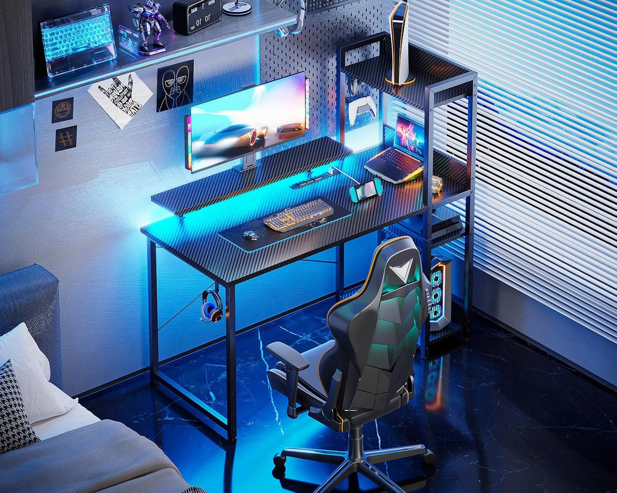 ODK Reversible Gaming Desk LED Lights, 40 Inch Computer Desk with Storage Shelves & Monitor Stand, Study Table for Home Office, Small Space Bedroom, Carbon Fiber Black