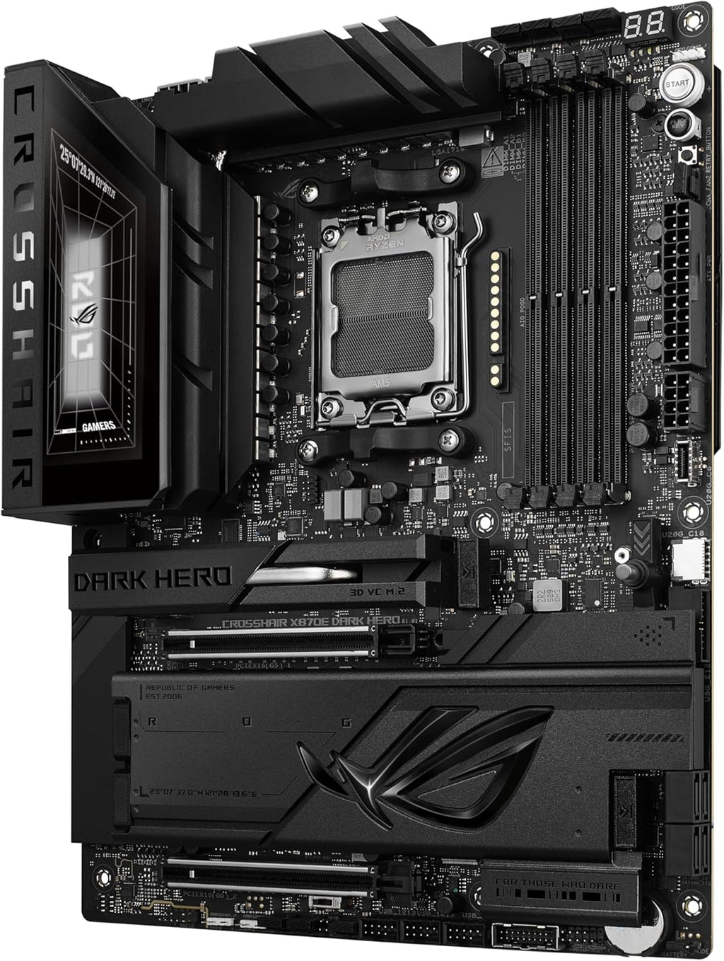 ASUS ROG Crosshair X870E Dark Hero ATX Motherboard, 20+2+2 Power Stages, DDR5 Slots, PCIe® 5.0, Five M.2 Slots, 3D VC M.2 heatsink, USB4®, AI Cache Boost, PCIe Slot Q-Release, AIO Q-Connector