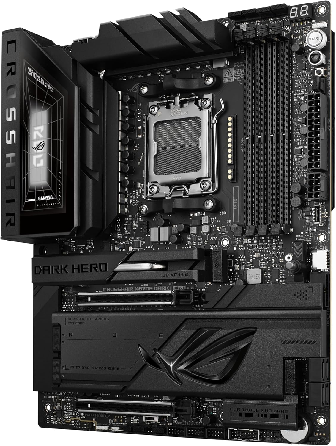 ASUS ROG Crosshair X870E Dark Hero ATX Motherboard, 20+2+2 Power Stages, DDR5 Slots, PCIe® 5.0, Five M.2 Slots, 3D VC M.2 heatsink, USB4®, AI Cache Boost, PCIe Slot Q-Release, AIO Q-Connector