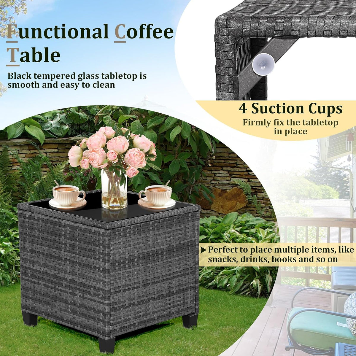 HAPPYGRILL 3 Pieces Patio Conversation Set PE Rattan Outdoor Furniture Sofa Set with Removable Cushion, PE Wicker Chairs with Tempered Glass Side Table for Porch Lawn Garden Balcony Backyard