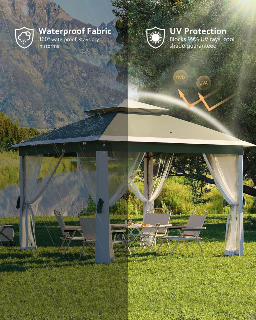 Garveelife 11x11 Pop Up Gazebo Tent with Mosquito Netting, Outdoor Canopy Shelter Easy Setup, Water & UV Resistant - Green