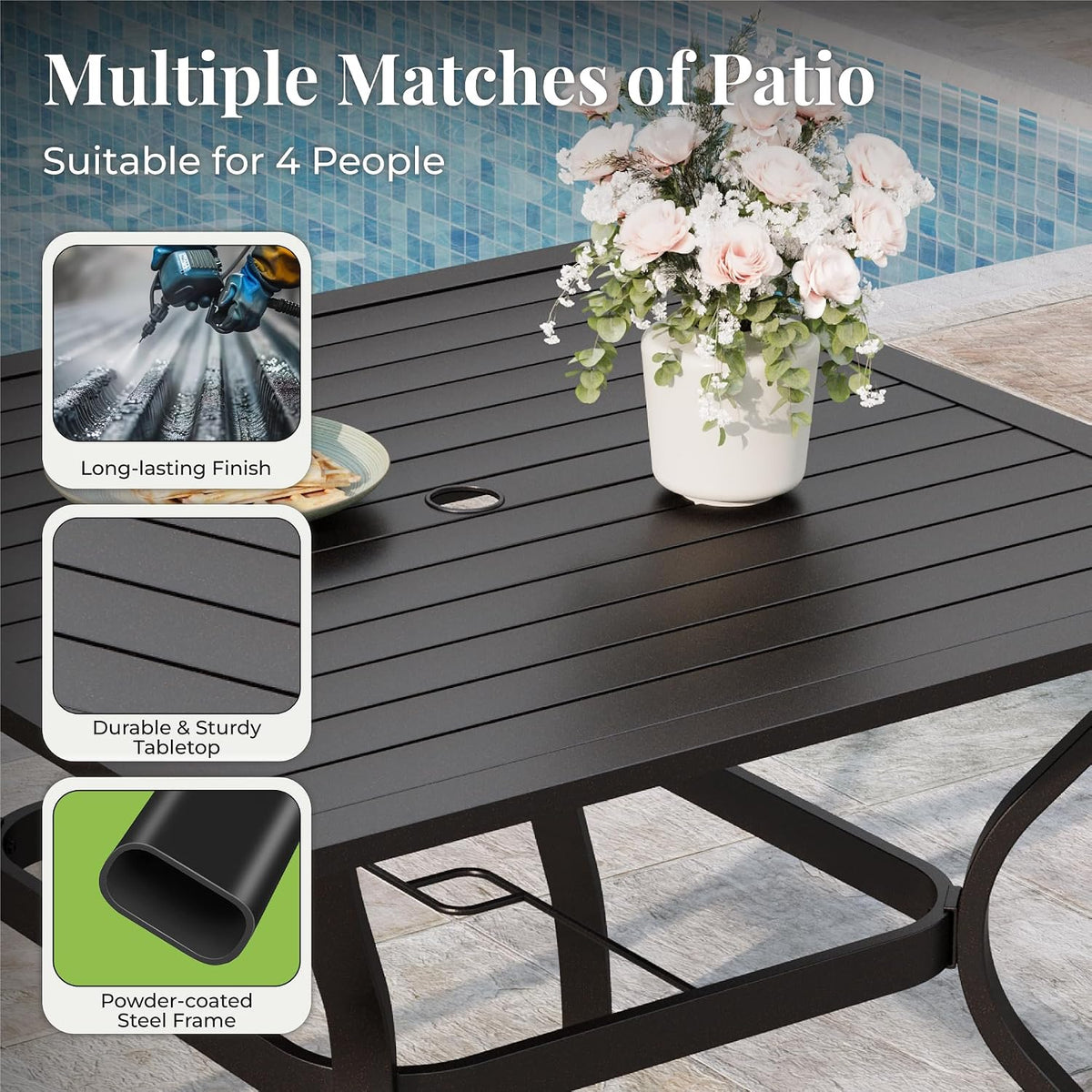 MIXPATIO 5 Pieces Patio Table and Chairs Set, 4 Person Outdoor Dining Furniture Set, 4 Red Textilene Chairs and 37' Square Metal Table with Umbrella Hole, for Deck Backyard Lawn