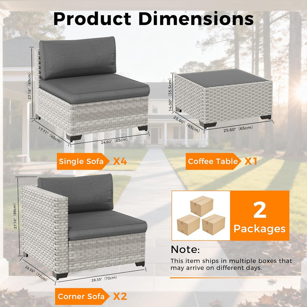 6-Piece Outdoor Patio Furniture Set, All-Weather Wicker Sectional Sofa with Deep Seating 4' Cushions, Heavy-Duty Steel Frame, Modular Rattan Couch for Backyard, Deck & Garden, Black