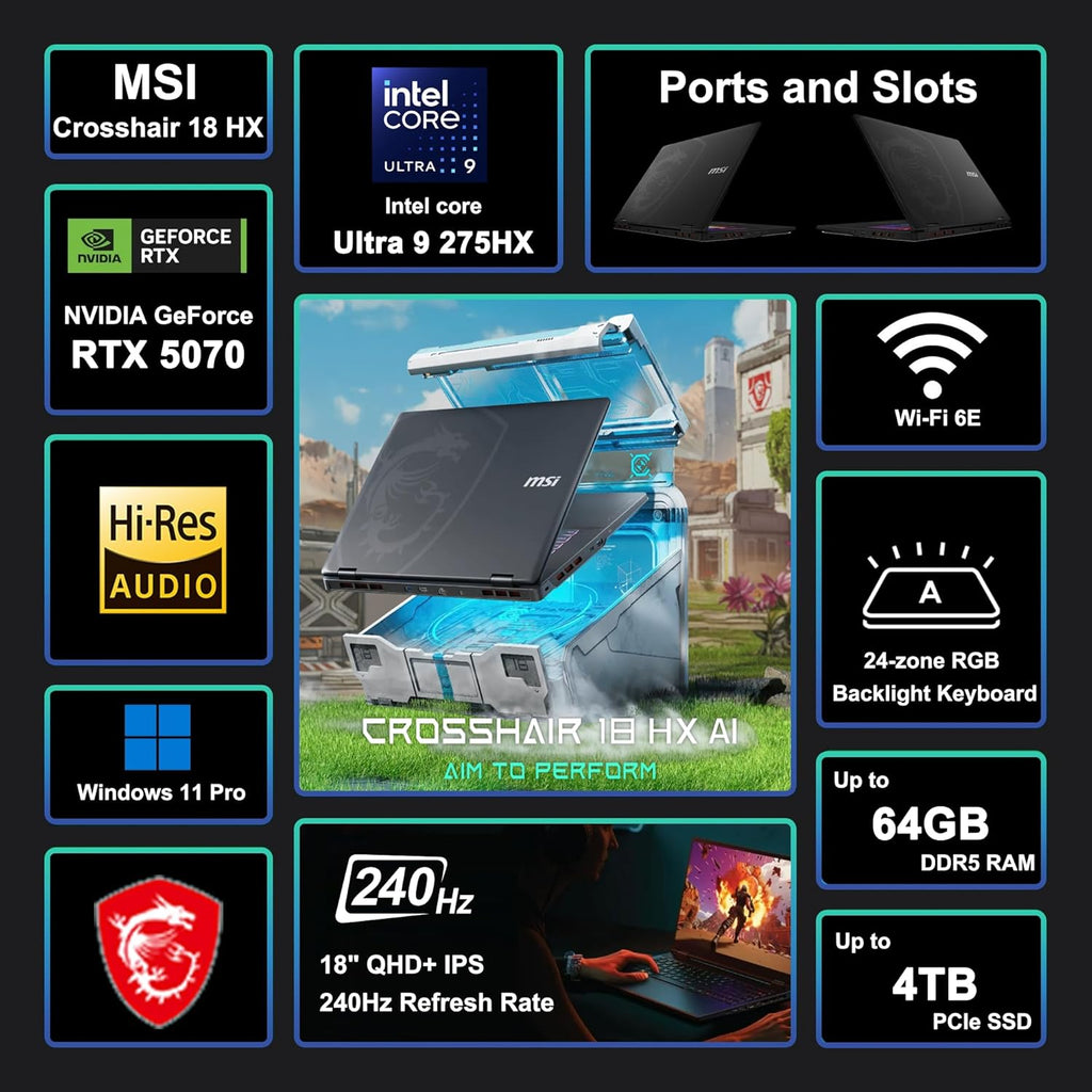 msi Crosshair 18 HX AI Gaming Laptop 18' QHD+ IPS 240Hz Intel 24-core Ultra 9 275HX (>i9-14900HX) 64GB DDR5 4TB SSD GeForce RTX 5070 (Up to 798 AI Tops) RGB Backlit Thunderbolt Win11Pro ICP Hub