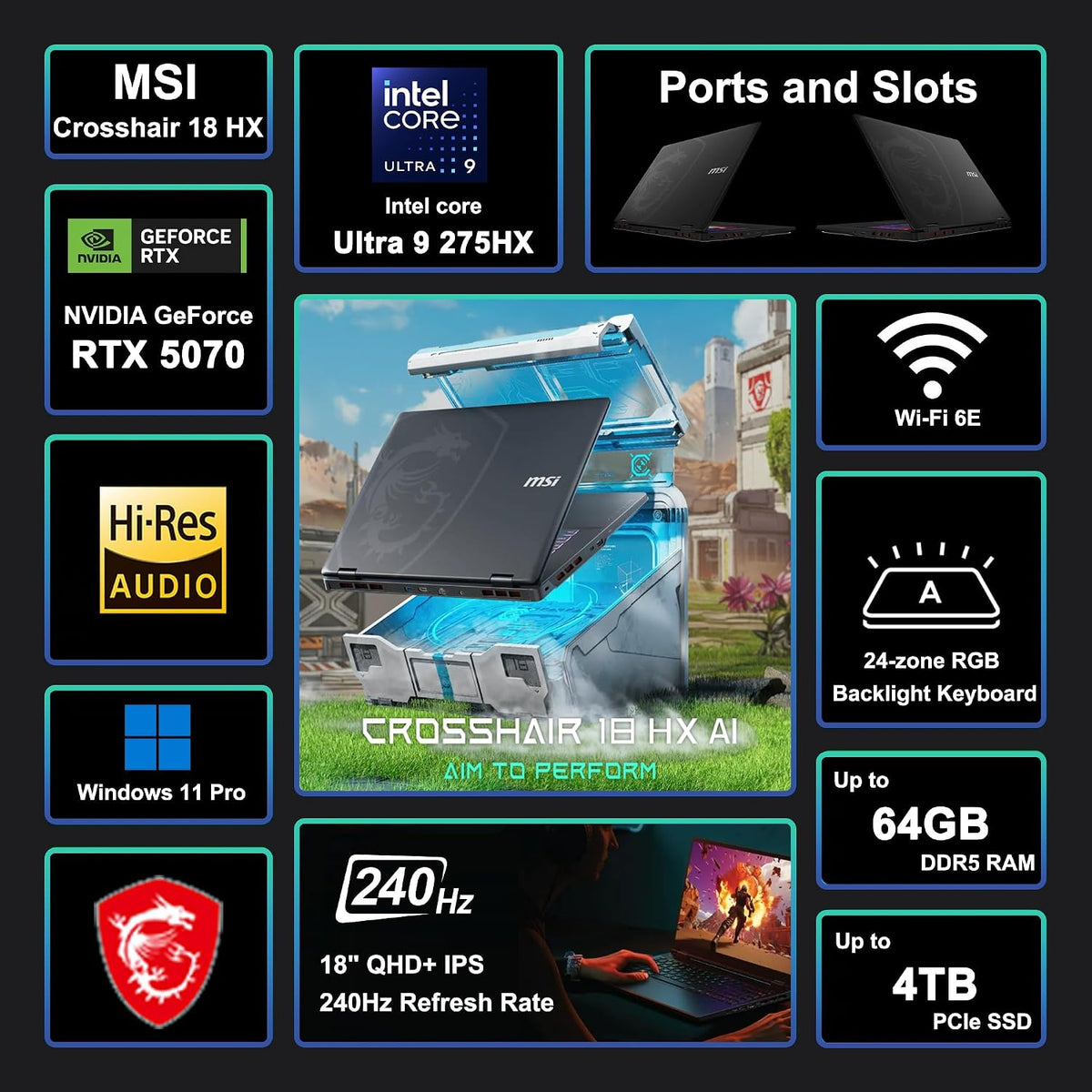 msi Crosshair 18 HX AI Gaming Laptop 18' QHD+ IPS 240Hz Intel 24-core Ultra 9 275HX (>i9-14900HX) 32GB DDR5 2TB SSD GeForce RTX 5070 (Up to 798 AI Tops) RGB Backlit Thunderbolt Win11Pro ICP Hub
