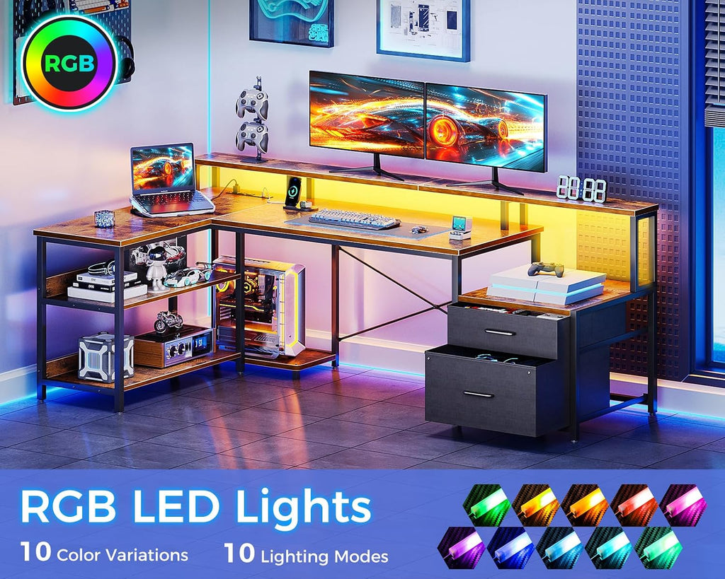 ODK L Shaped Desk with File Drawer, 66' Reversible L Shaped Computer Desk with Power Outlet & LED Strip, Office Desk with Storage Shelves, Gaming Desk with Monitor Shelf, Corner Desk, Vintage