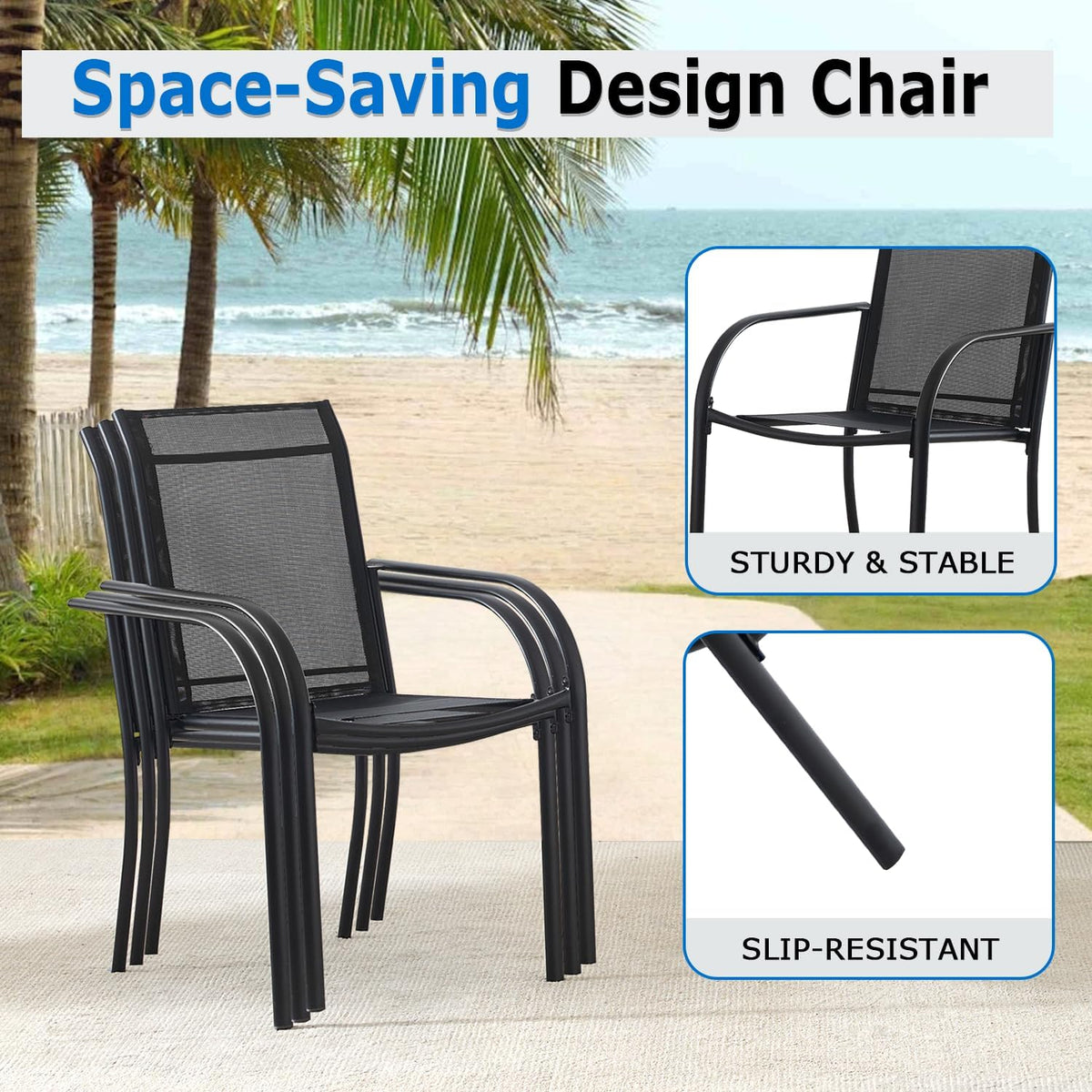 5-Piece Outdoor Dining Set, 35.5' Square Metal Patio Table with Black Chairs, Black Table with Umbrella Hole for Garden, Yard, Patio