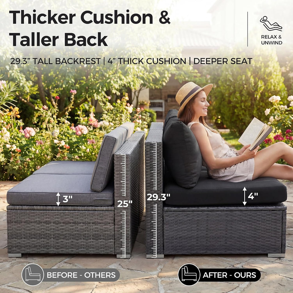 NICESOUL 8 Piece Outdoor Patio Set, 29.3'' High Back Extra Large Wicker Patio Furniture, Deep Seating Comfy L Shaped Modular Sectional Set of 8, Modern Wide Conversation, 2 Color Cushion Black & Gray