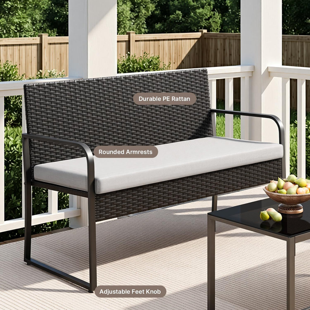 Gizoon 4 Piece Patio Furniture Set, Wicker Furniture with Glass Coffee Table, Outdoor Rattan Conversation Set, for Backyard, Poolside, Porch, Lawn, Cushion-Grey