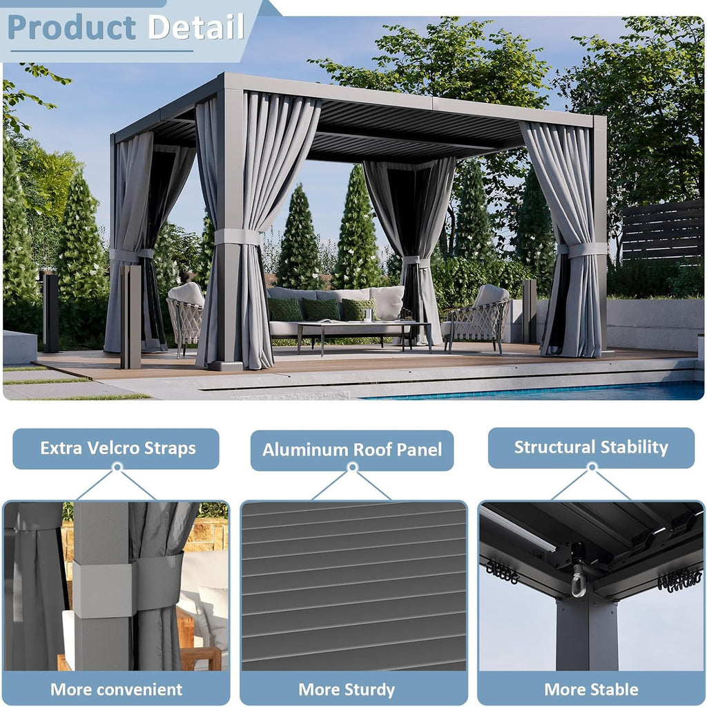Aoxun Louvered Pergola 12' x 14' Outdoor Aluminum Pergola Adjustable Roof, with Waterproof Curtains and Nets, for Decks, Gardens, Gray
