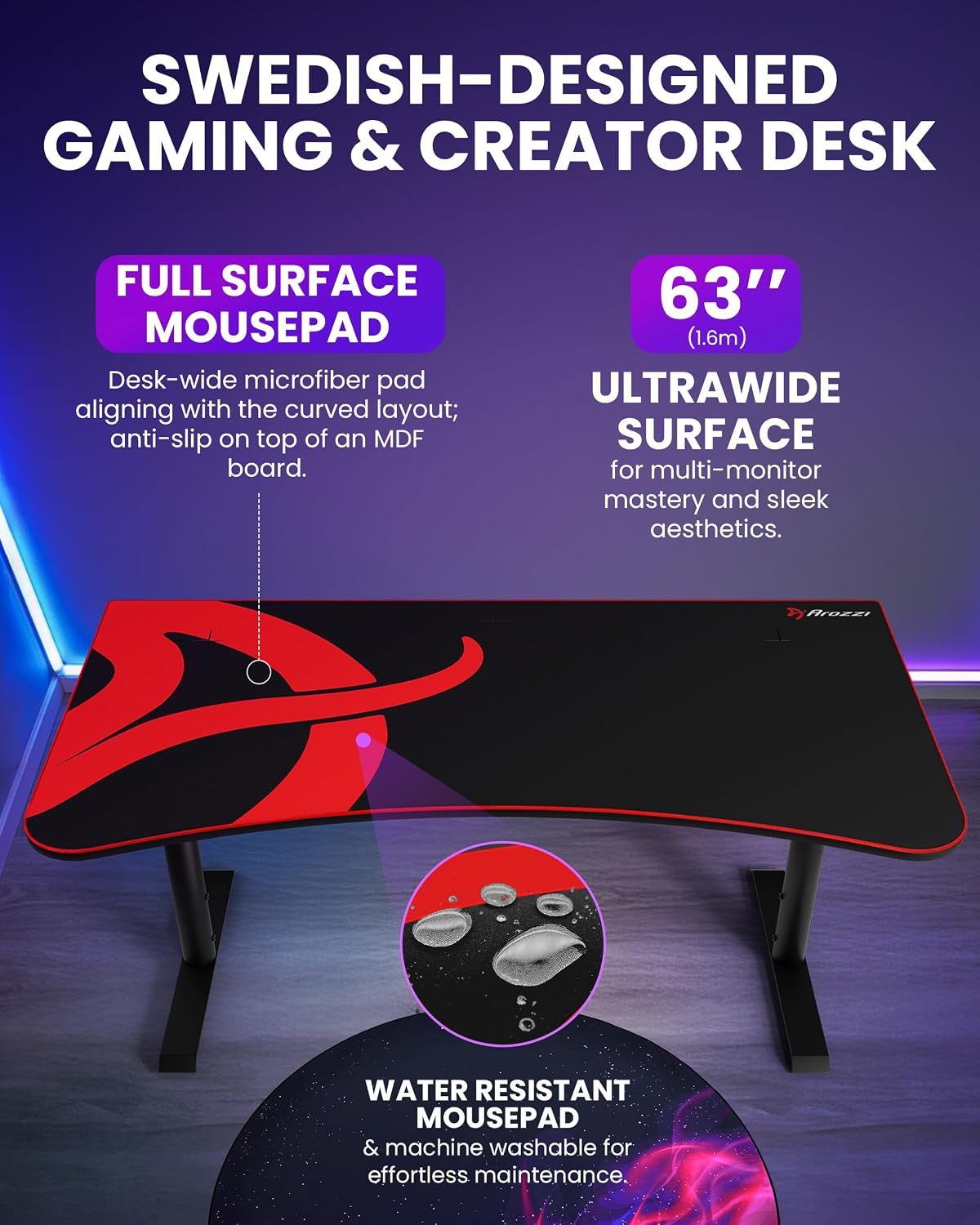 Arozzi Arena Gaming Desk 63' Wide, Ultrawide Curved Gaming and Office Desk, Large Gaming Desk with Custom Monitor Mount & Cable Management Under Desk (Black)