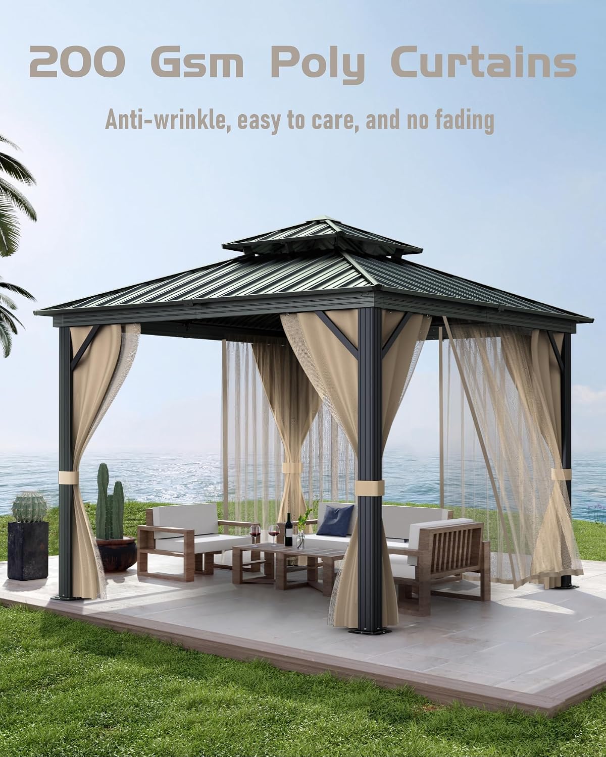 KYBOLT 10x10 Ft Hardtop Gazebos with Heavy Duty Double Roof, Nettings and Curtains Galvanized Steel Outdoor Gazebos for Patio, Backyard, Deck, Lawn (Brown)