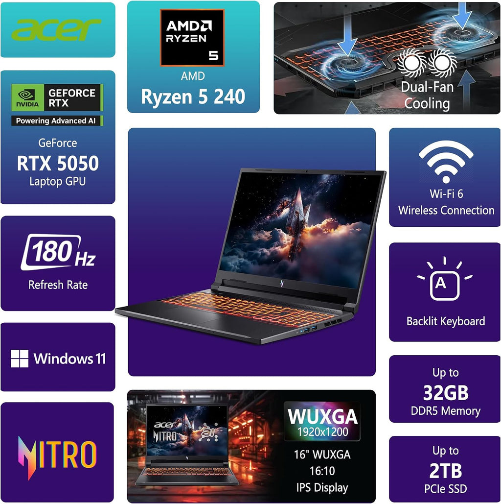 acer Nitro V 16 AI Gaming Laptop | 16' WUXGA IPS 180Hz | AMD Hexa-Core Ryzen 5 240 | 16GB DDR5 512GB SSD | GeForce RTX 5050 8GB DLSS4 (Up to 440 AI Tops) | Backlit Keyboard Win11 w/DLCA Accessory