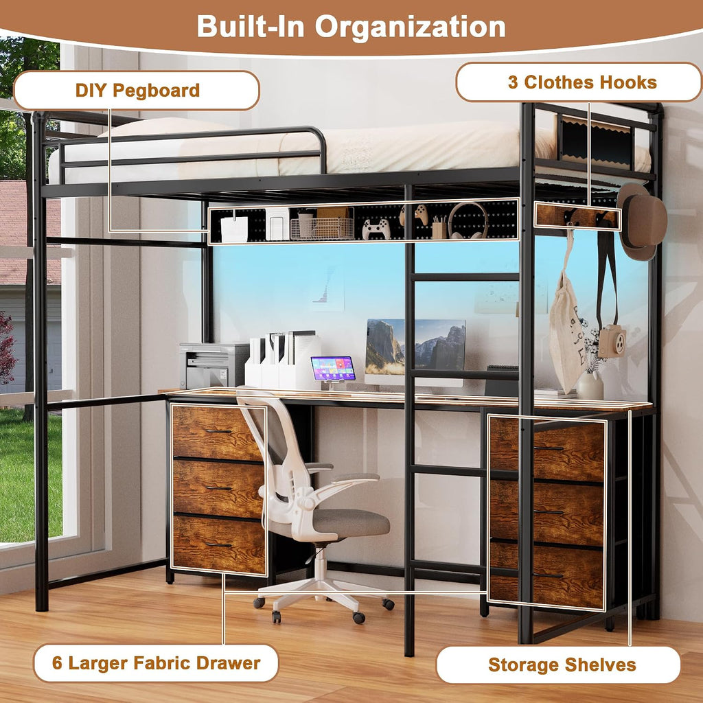 Loft Bed with Desk, Gaming Bunk Bed with Stairs, Twin Metal Loft Bed Heavy Duty Loft Beds for Adults, 6 Fabric Drawers, LED Lights & Charging Sation, No Noise & No Box Spring Needed, Brown