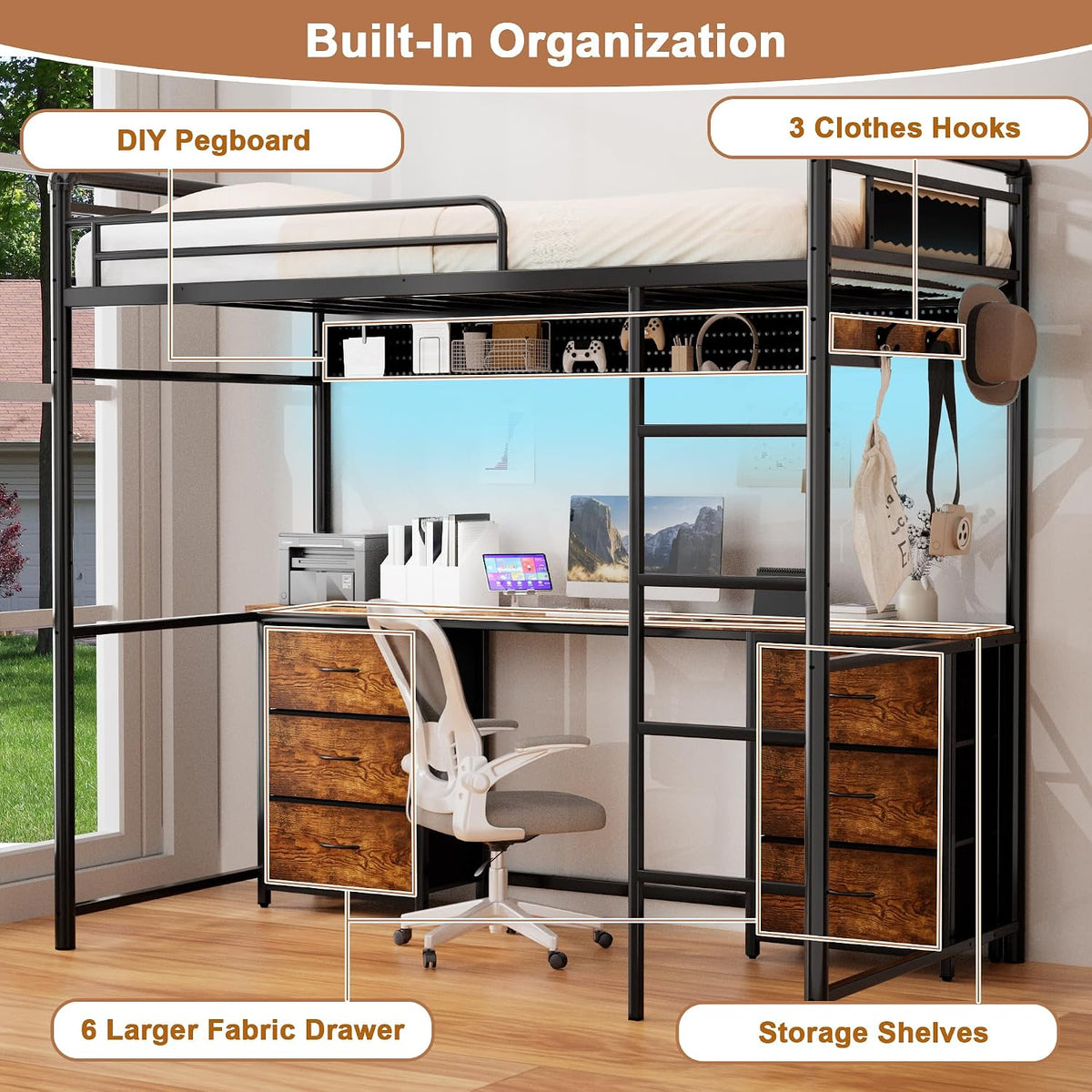 Loft Bed with Desk, Gaming Bunk Bed with Stairs, Twin Metal Loft Bed Heavy Duty Loft Beds for Adults, 6 Fabric Drawers, LED Lights & Charging Sation, No Noise & No Box Spring Needed, Brown