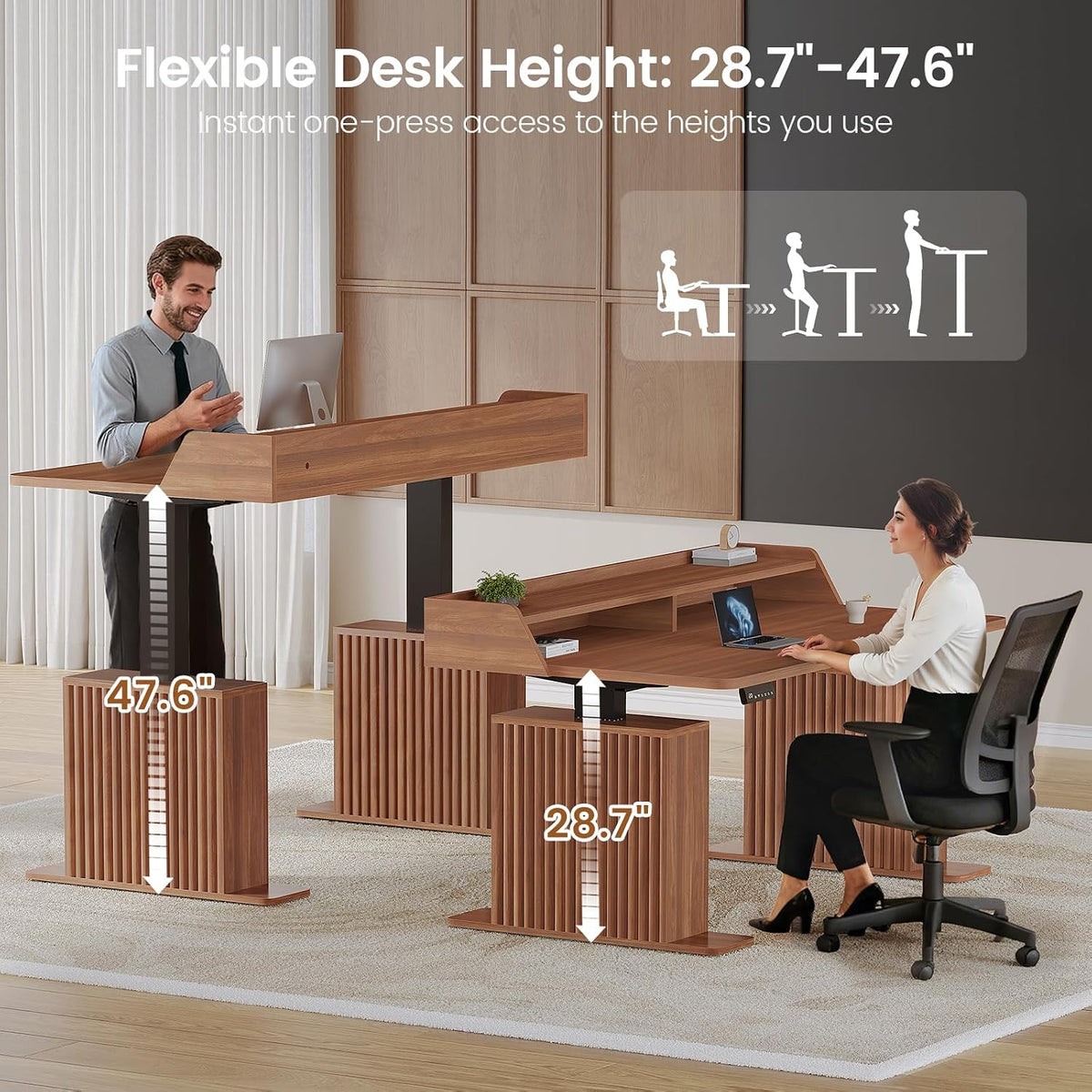 SEDETA Standing Desk with Storage, 55' Fluted Stand Up Desk with Power Outlets and LED Lights, Height-Adjustable Table with Monitor Shelf for Home Office & Gaming, Brown