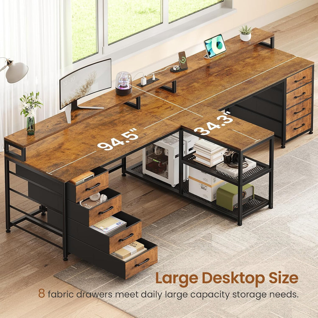 SEDETA 94.5' 2 Person Gaming Desk, Long Office Computer Desk with 8 Drawers & LED Lights, Two Person Desk with Storage, Power Strip & Monitor Stand for Home Office, Rustic Brown