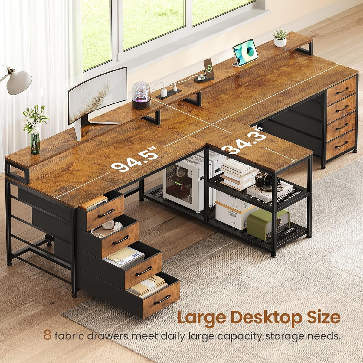SEDETA 94.5' 2 Person Gaming Desk, Long Office Computer Desk with 8 Drawers & LED Lights, Two Person Desk with Storage, Power Strip & Monitor Stand for Home Office, Rustic Brown
