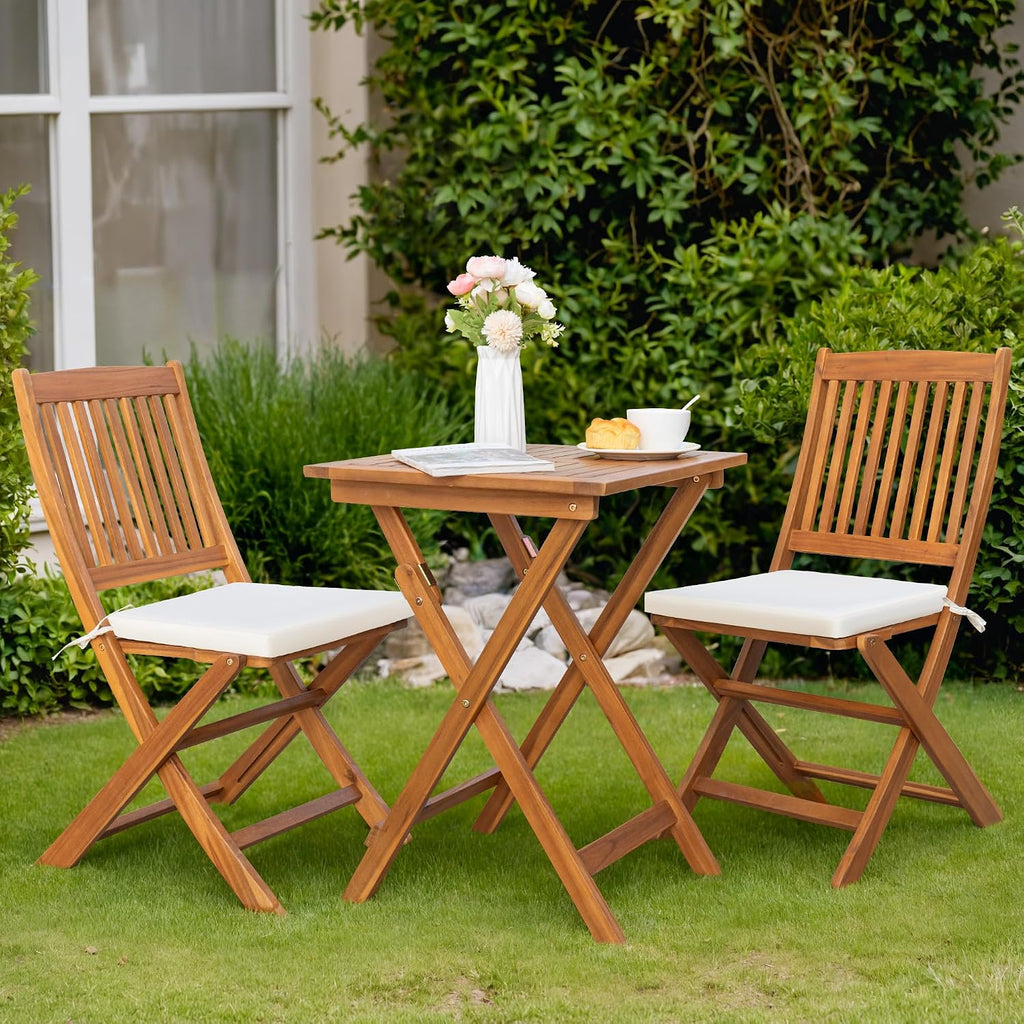 Greesum 3 Piece Patio Folding Furniture Bistro Set with 2 Chairs and Square Table for Pool Beach Backyard Balcony Porch Deck Garden,Acacia Wood