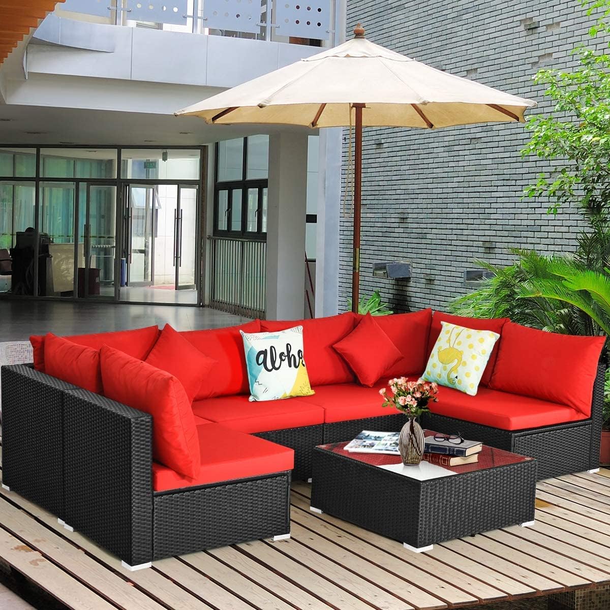 HAPPYGRILL 7pcs Patio Furniture Set Outdoor Rattan Wicker Sectional Sofa Set with Cushions & Pillows & Coffee Table for Garden Lawn