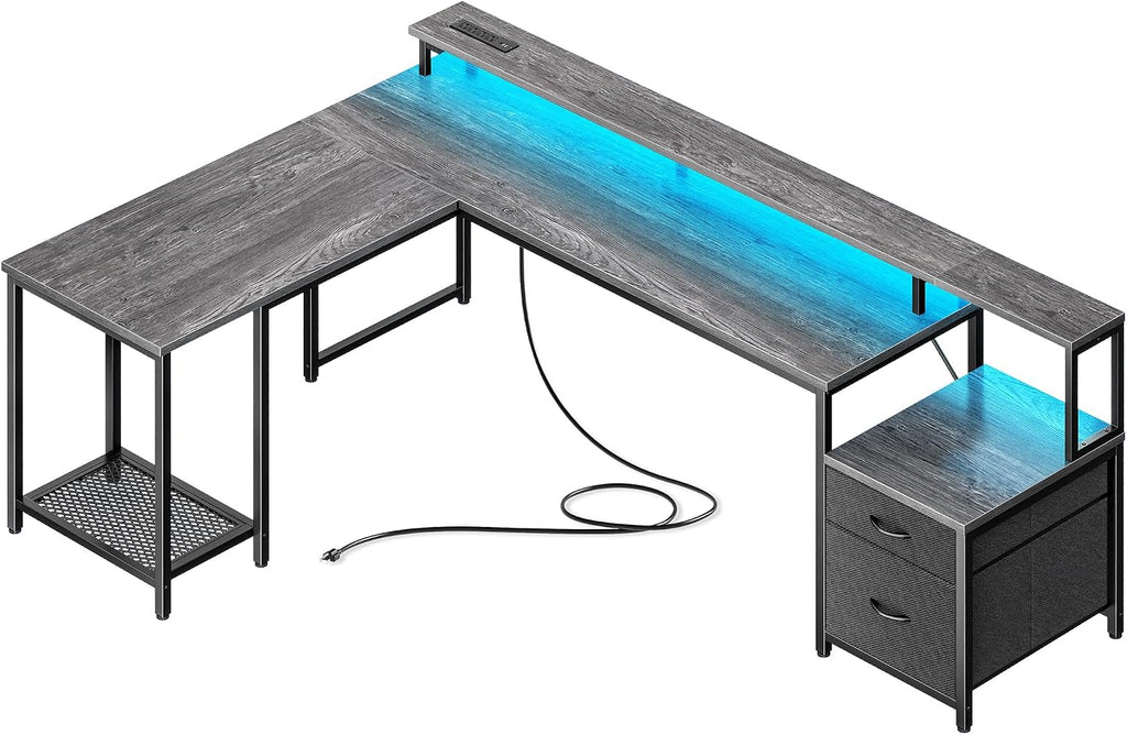 PRAISUN 66' L Shaped Gaming Desk with LED Lights & Power Outlets, Computer Desk with Fabric Drawers and Print Stand, Corner Office Desk, Monitor Stand, Mesh CPU Stand, Grey