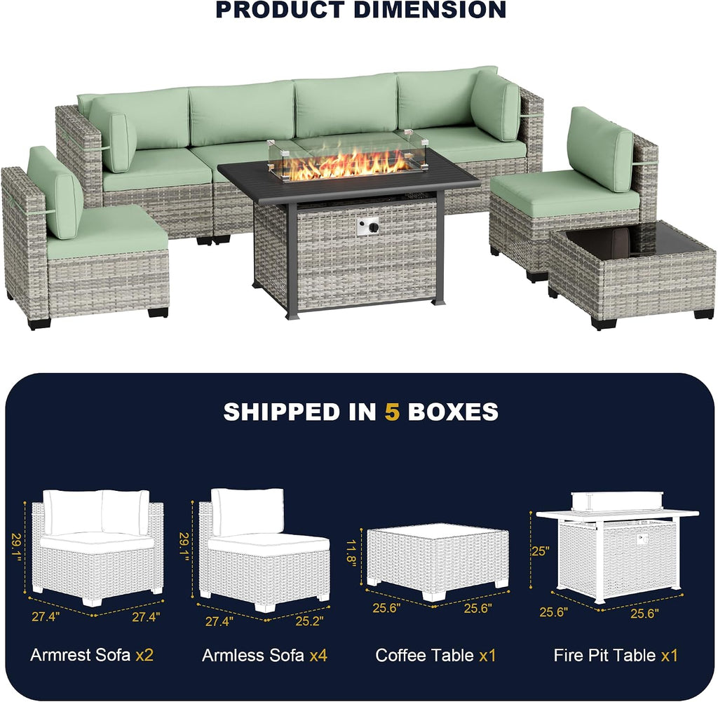 8-Piece Outdoor Patio Furniture Set with 55,000 BTU Fire Pit Table, PE Wicker Rattan Sectional Sofa Conversation Set - All-Weather Garden, Backyard Furniture, Light Green