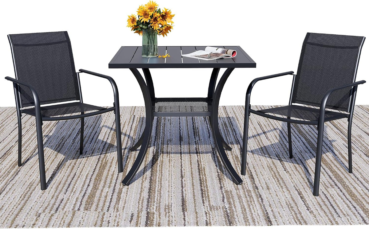 3 Piece Outdoor Dining Set, Patio Table and Chairs Set of 2, 27.6' Black Square Patio Table with 2 Black Stackable Patio Chairs for Lawn, Garden, Porch