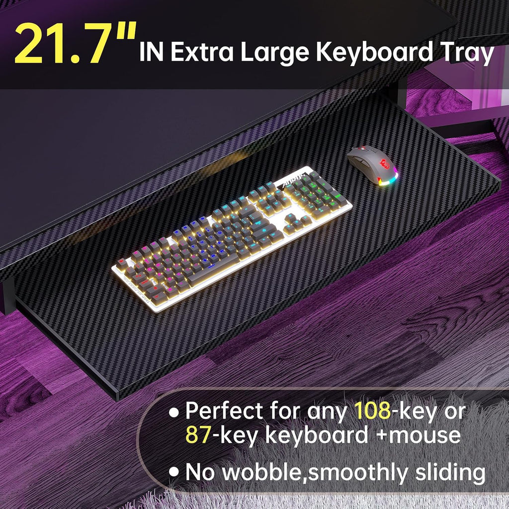 SEDETA 79' Gaming Desk, Computer Desk with 2 Fabric Drawers & LED Light, L Shaped Gaming Desk with Storage Shelf for Home Office, Carbon Fiber Black