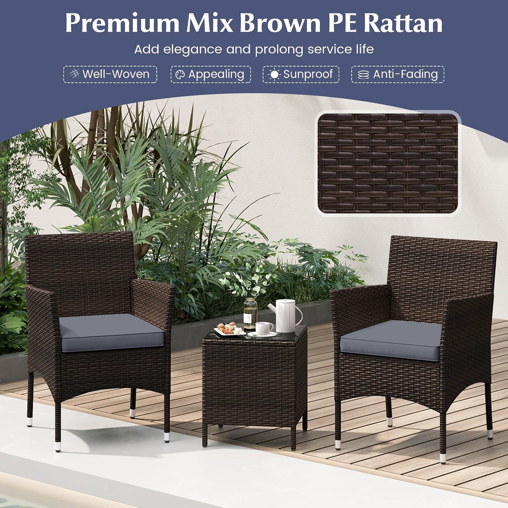 KOTEK 3 Piece Patio Furniture Set, Outdoor Wicker Patio Chairs with Soft Cushions & Tempered Glass Top Table, PE Rattan Bistro Set for Porch, Garden, Balcony (Grey)