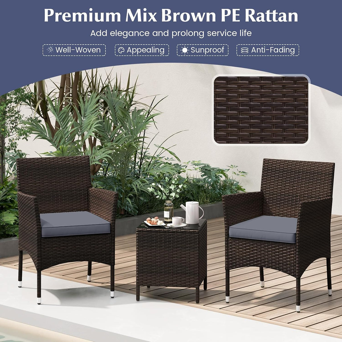 KOTEK 3 Piece Patio Furniture Set, Outdoor Wicker Patio Chairs with Soft Cushions & Tempered Glass Top Table, PE Rattan Bistro Set for Porch, Garden, Balcony (Grey)