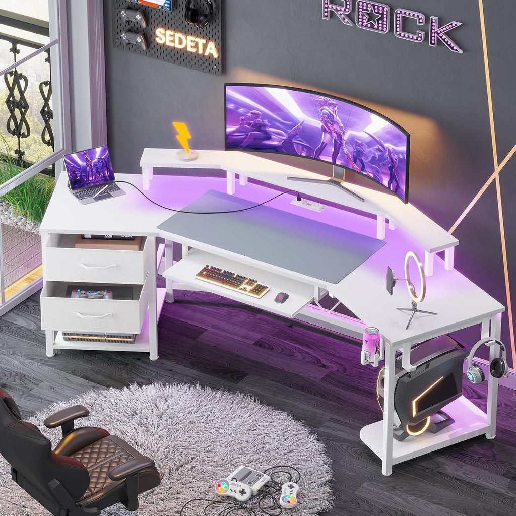 SEDETA 79' Gaming Desk, Computer Desk with 2 Fabric Drawers & LED Light, White Small Desk with Storage for Home Office, Carbon Fiber White
