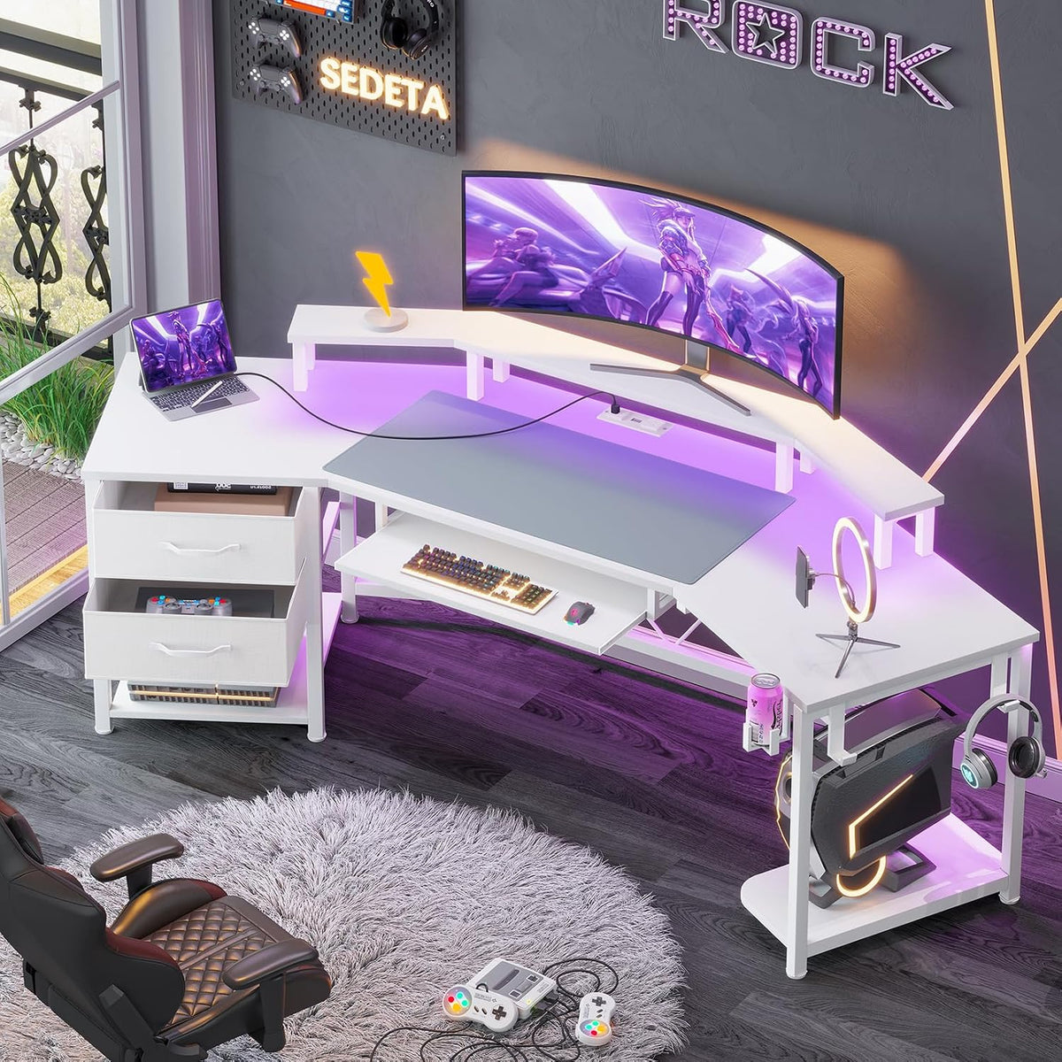 SEDETA 79' Gaming Desk, Computer Desk with 2 Fabric Drawers & LED Light, White Small Desk with Storage for Home Office, Carbon Fiber White