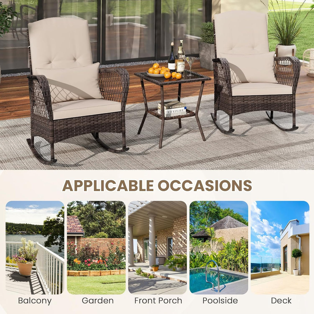 ORALNER 3 Pieces Patio Furniture Wicker Rocker Set, Outdoor Rocking Chairs with Cushions, Pillows, Glass Coffee Table, Rattan Bistro Set for Balcony Front Porch Poolside Garden Deck (Beige)