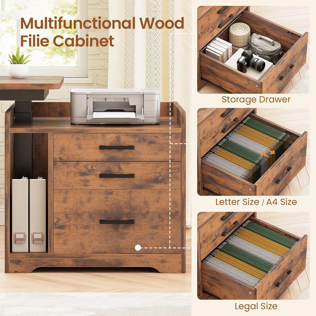 SEDETA L Shaped Electric Standing Desk with File Cabinet, 63 x 53'' Height Adjustable Home Office Computer Desk with 3 Drawers, Power Outlet, Stand up Gaming Table with Led Lights, Rustic Brown