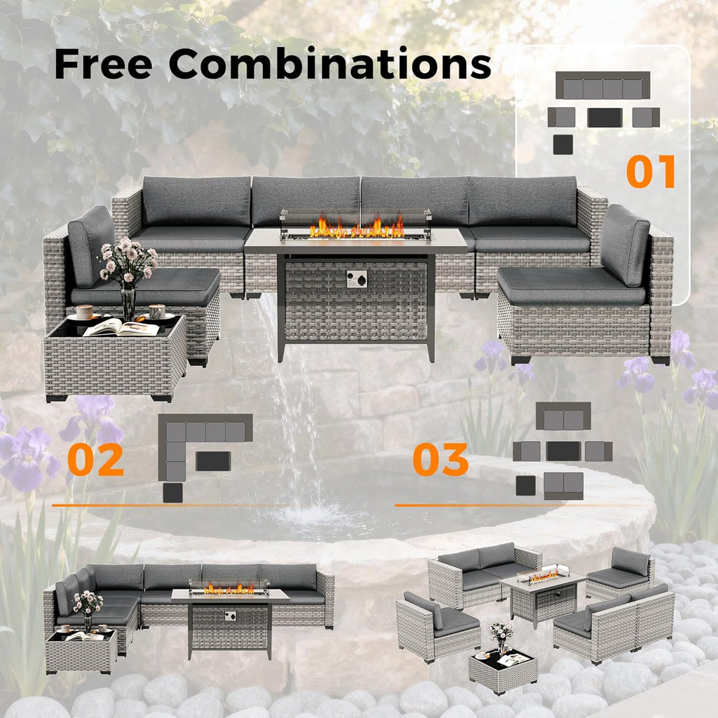 6-Seat Modern Outdoor Wicker Rattan Patio Furniture Set with 55,000 BTU Fire Pit Table, Thick 4″ Cushions, All-Weather Dual-Strand Rattan, Rust-Resistant Steel Frame,Black