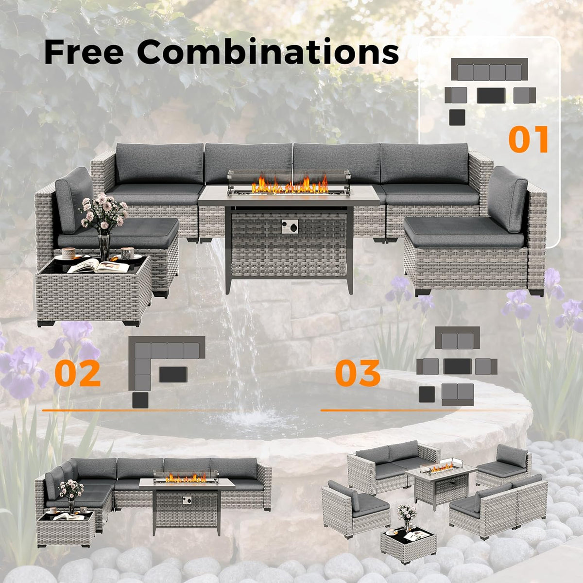 6-Seat Modern Outdoor Wicker Rattan Patio Furniture Set with 55,000 BTU Fire Pit Table, Thick 4″ Cushions, All-Weather Dual-Strand Rattan, Rust-Resistant Steel Frame,Black