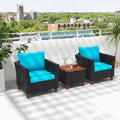 LDAILY Patio 3 Pieces Patio Furniture Set, PE Rattan Outdoor Wicker Sofa Chair with Washable Cushion & Wood Storage Table, Patio Conversation Set for Porch, Yard, Garden (Turquoise)