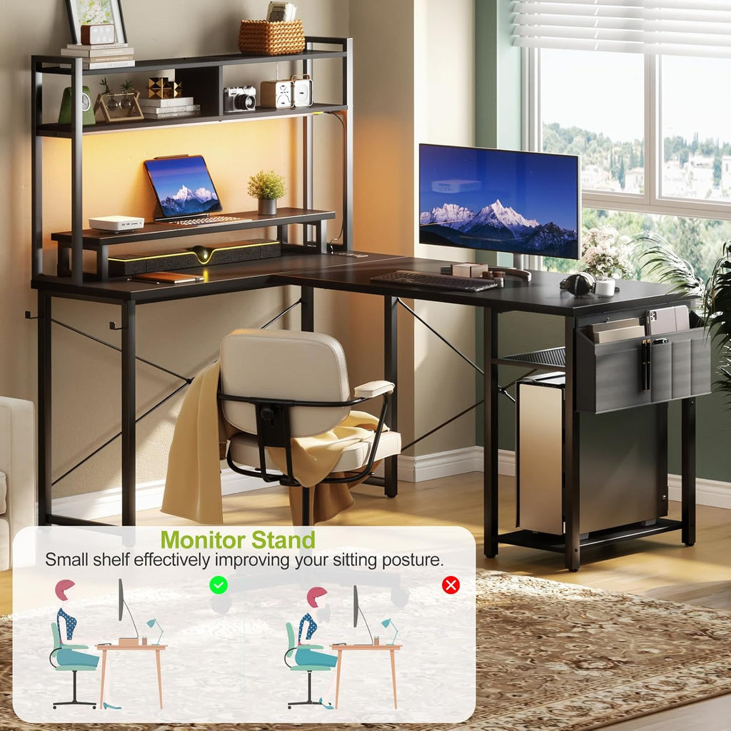 Besiost Small L Shaped Desk Gaming Desk with Power Outlets, 48' Reversible L Shaped Computer Desk with Monitor Stand & Storage Shelf, Corner Gamer Desk Home Office Desk with Storage Bag, Black