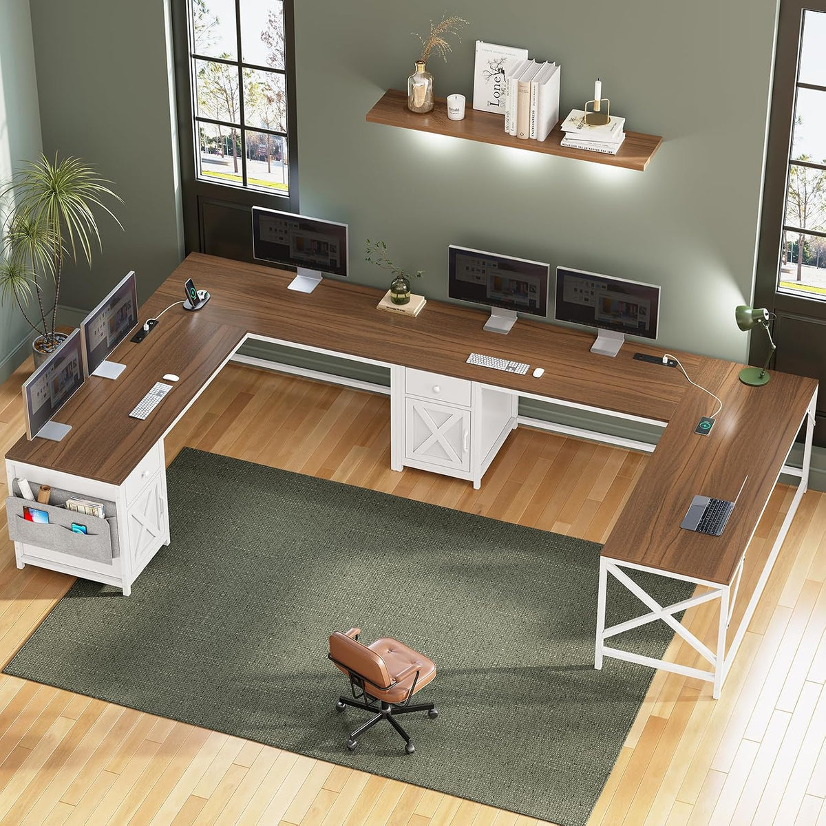 SEDETA 63' L Shaped Desk, Convertible Corner Office Desk with Drawer, Farmhouse Computer Desk with Power Strip & Storage Cabinet for Home Office, Brown & White