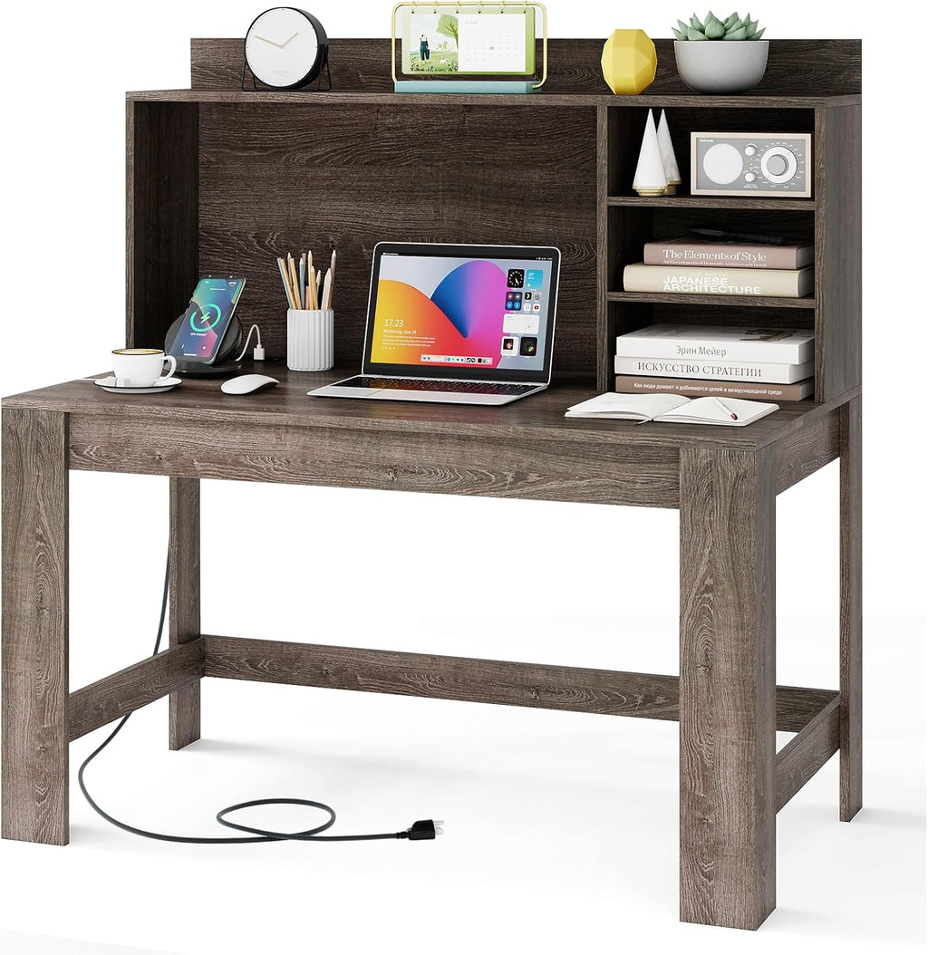 Tangkula Computer Desk with Hutch & Charging Station, Home Office Writing Study Desk with Storage Shelves, Cable Management Hole, Laptop Desk, Desk for Bedroom, Computer Workstation (Gray Oak)