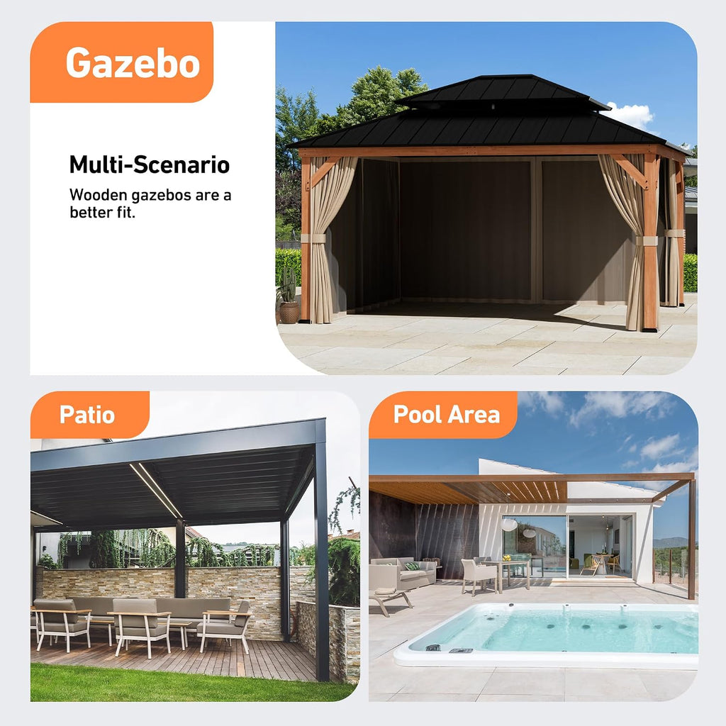 Covered Outdoor Outdoor Gazebo Privacy Curtains & Mosquito Netting with Zipper for 13' x 15' Cedar Wood Gazebo, Replacement Universal 4-Panel Sidewalls, Replacement for Patio Canopy, Khaki