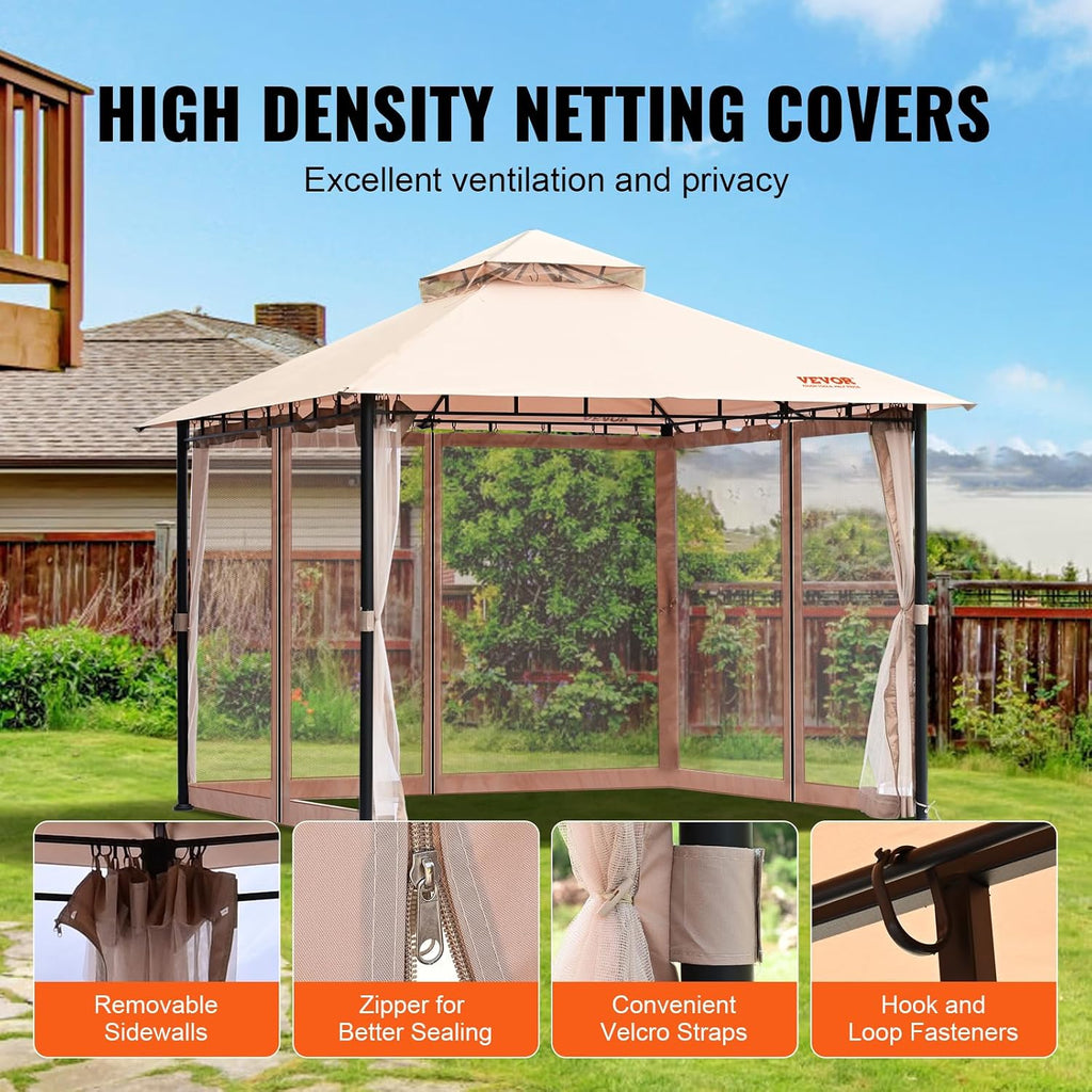 VEVOR Patio Gazebo for 6-8 Person, 10 x 10 FT Backyard Gazebo, with Mosquito Netting, Metal Frame, and PU Coated 180G Polyester, Outdoor Canopy Shelter for Patio, Backyard, Lawn, Garden, Deck