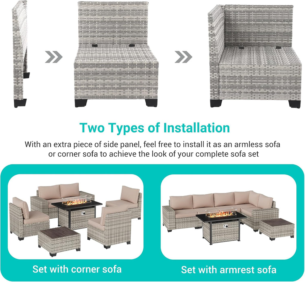 7-Piece Outdoor Patio Furniture Set with 55,000 BTU Fire Pit Table, PE Wicker Rattan Sectional Sofa Patio Conversation Set with Thickened Cushions & Coffee Table, Sand