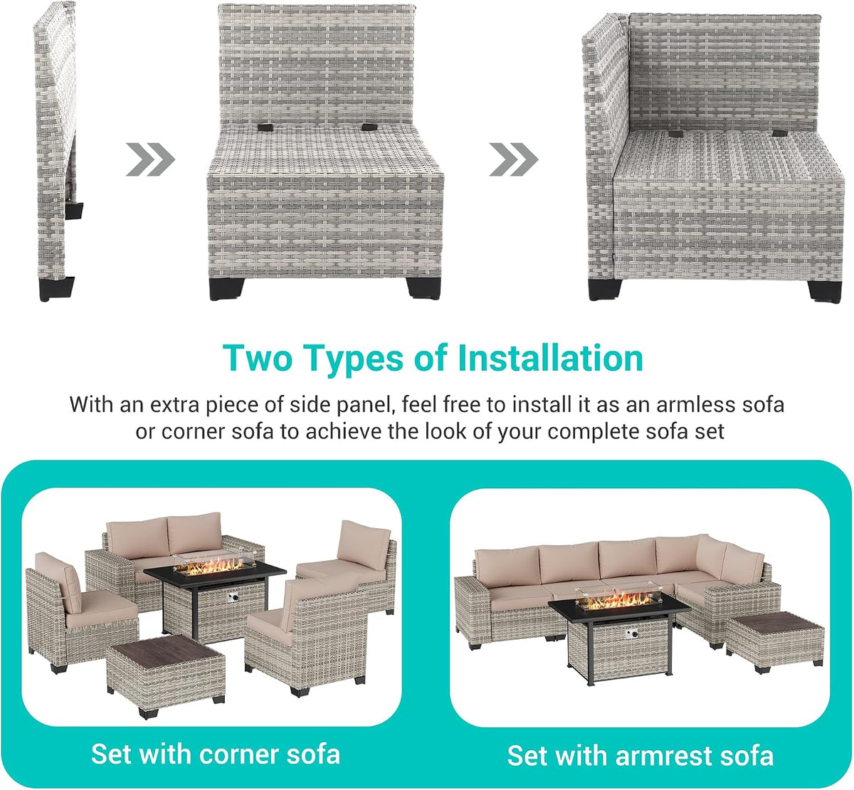 7-Piece Outdoor Patio Furniture Set with 55,000 BTU Fire Pit Table, PE Wicker Rattan Sectional Sofa Patio Conversation Set with Thickened Cushions & Coffee Table, Sand